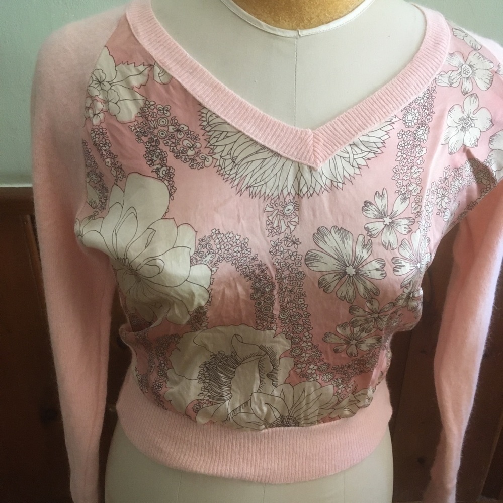 Pink Sweater with silk front flower trim